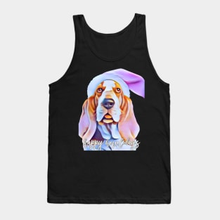 Cute Basset Hound in Pink Santa Hat with Happy Howlidays Tank Top